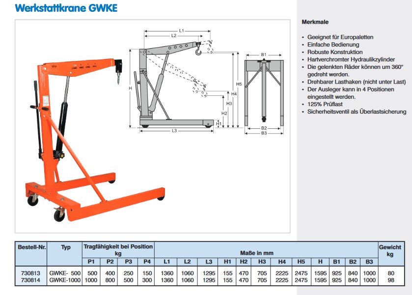 hydraulische Werkstattkrane GWKE - Motorkran - Motorheber- Getriebekran- Getriebehber